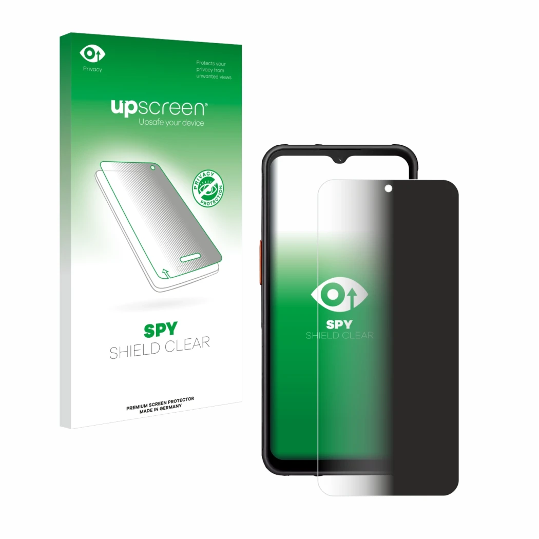 Parte frontal de un envase de producto con el logotipo de la marca upscreen. Al lado se muestra el dispositivo Samsung Galaxy