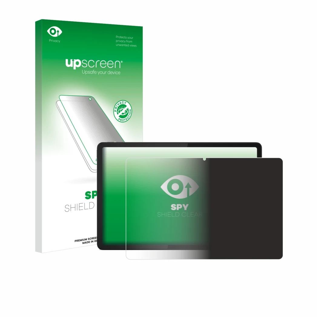 Parte frontal de un envase de producto con el logotipo de la marca upscreen. Al lado se muestra el dispositivo Lenovo Tab M11 