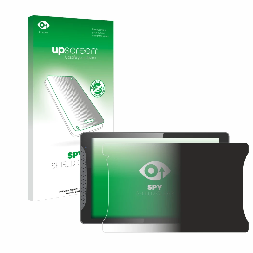 Parte frontal de un envase de producto con el logotipo de la marca upscreen. Al lado se muestra el dispositivo Logicom Multime