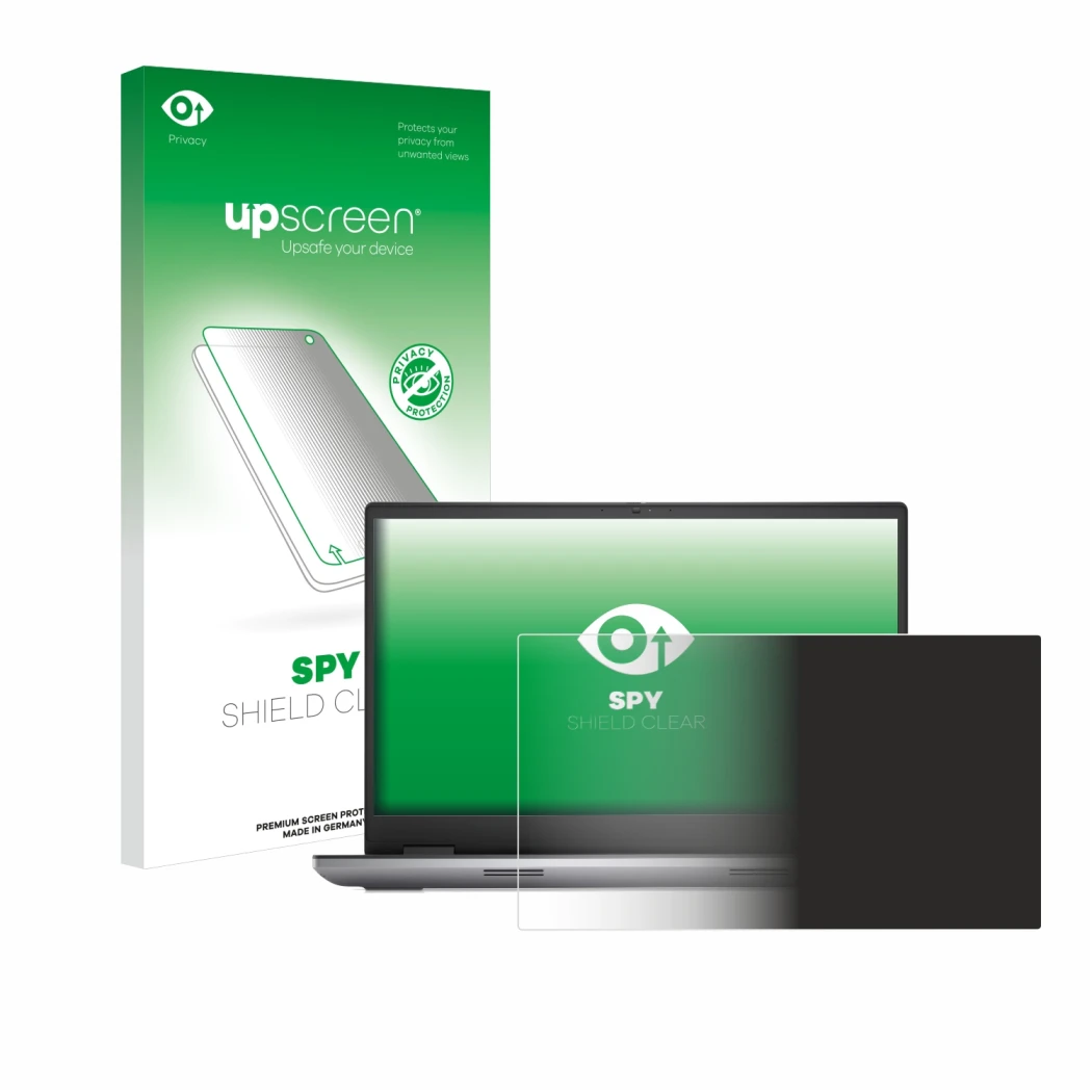 Parte frontal de un envase de producto con el logotipo de la marca upscreen. Al lado se muestra el dispositivo Dell Precision 