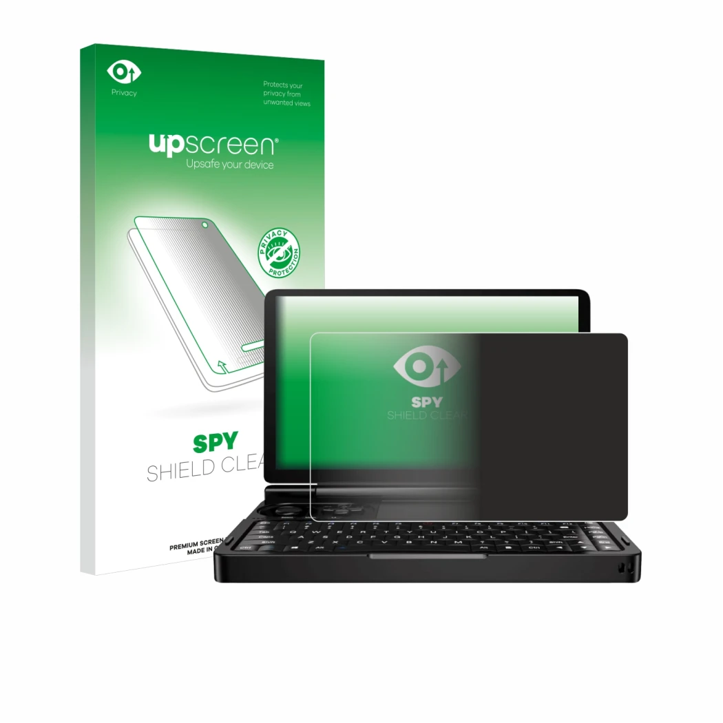 Parte frontal de un envase de producto con el logotipo de la marca upscreen. Al lado se muestra el dispositivo GPD Win Mini (2