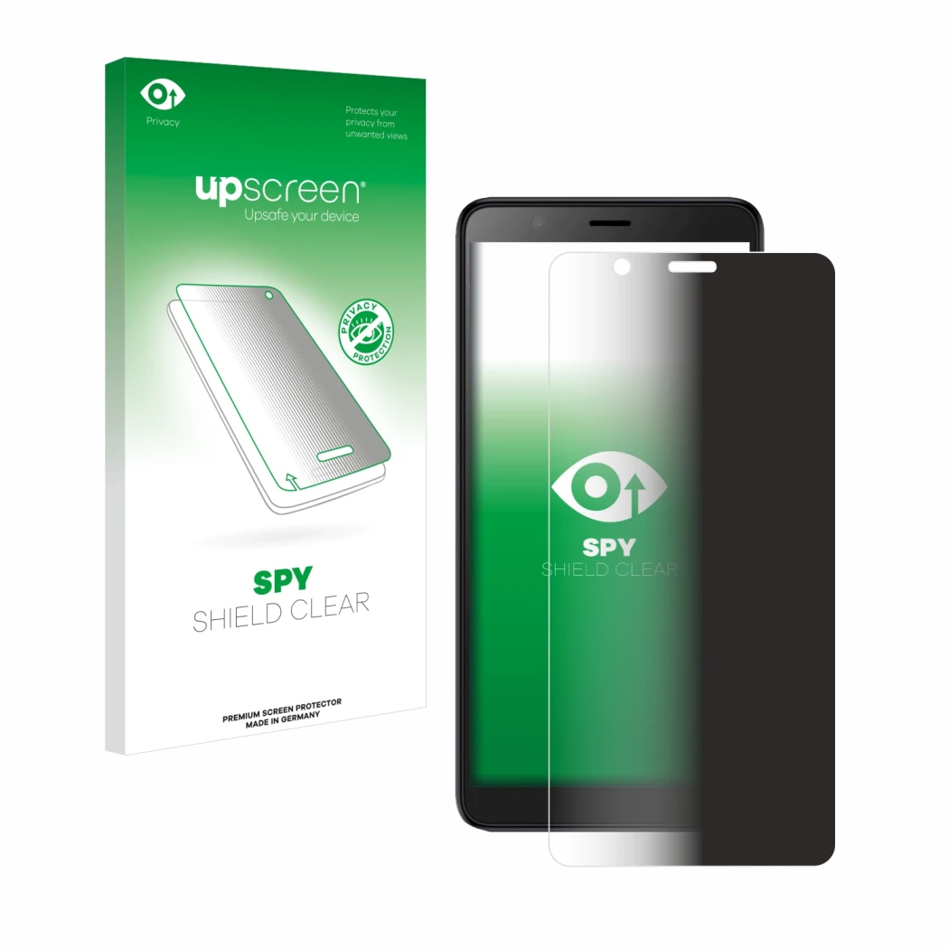 Parte frontal de un envase de producto con el logotipo de la marca upscreen. Al lado se muestra el dispositivo ZTE Blade A32 c