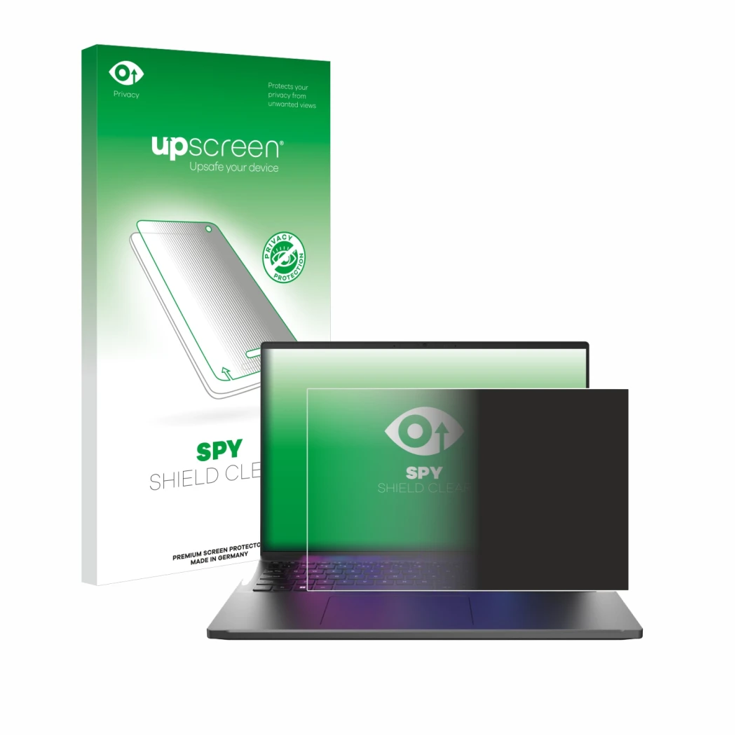 Parte frontal de un envase de producto con el logotipo de la marca upscreen. Al lado se muestra el dispositivo Acer Swift Go 1