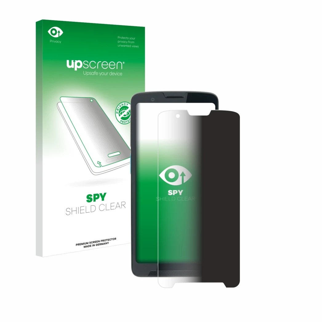 Parte frontal de un envase de producto con el logotipo de la marca upscreen. Al lado se muestra el dispositivo Unitech EA660 c
