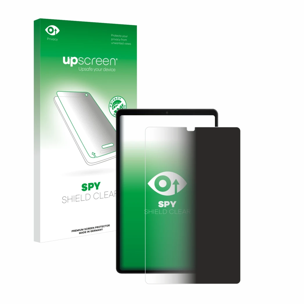 Parte frontal de un envase de producto con el logotipo de la marca upscreen. Al lado se muestra el dispositivo Lenovo Legion T