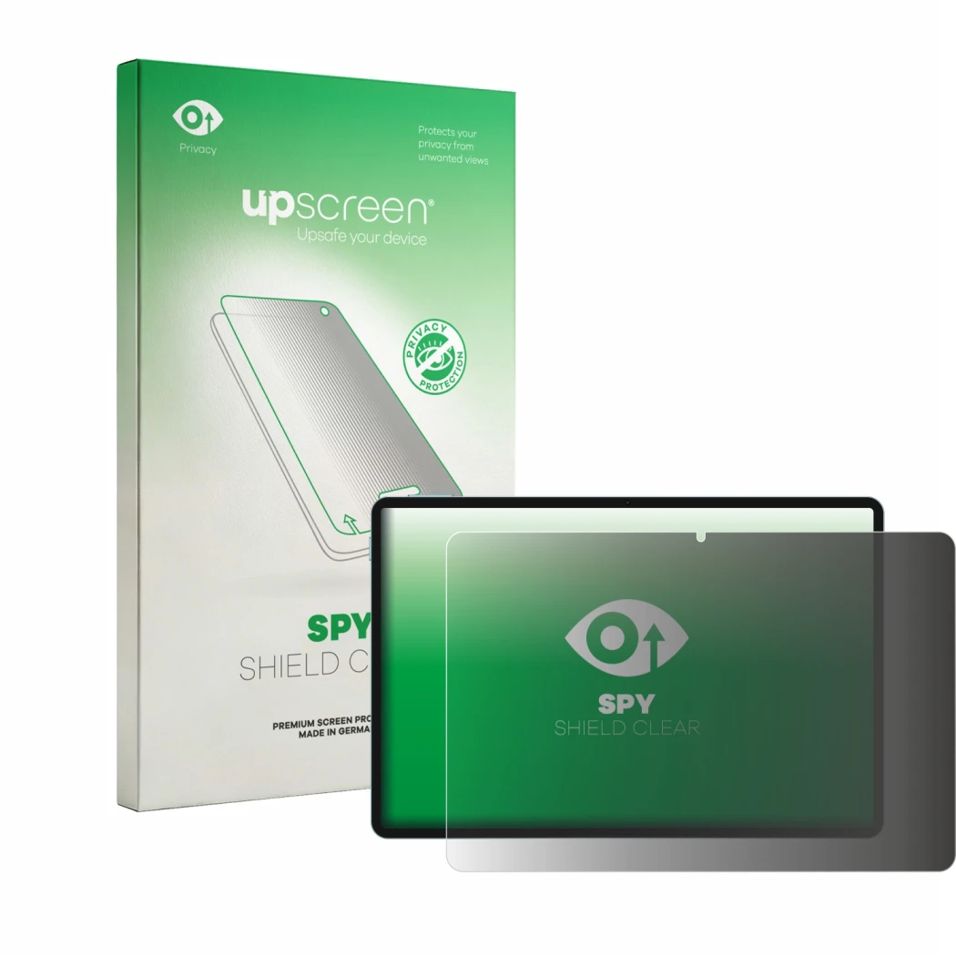 Parte frontal de un envase de producto con el logotipo de la marca upscreen. Al lado se muestra el dispositivo Teclast P50 con