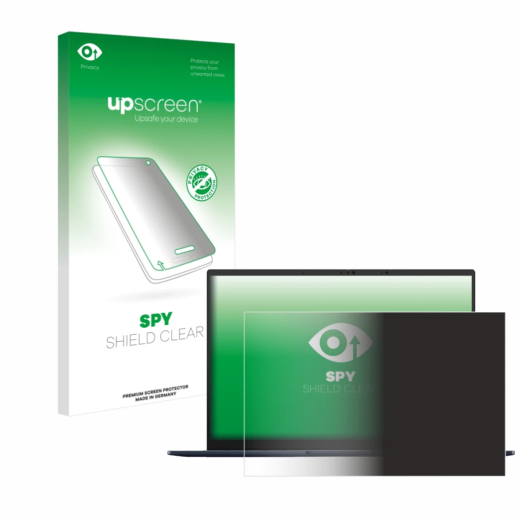 Parte frontal de un envase de producto con el logotipo de la marca upscreen. Al lado se muestra el dispositivo ASUS ZenBook 14