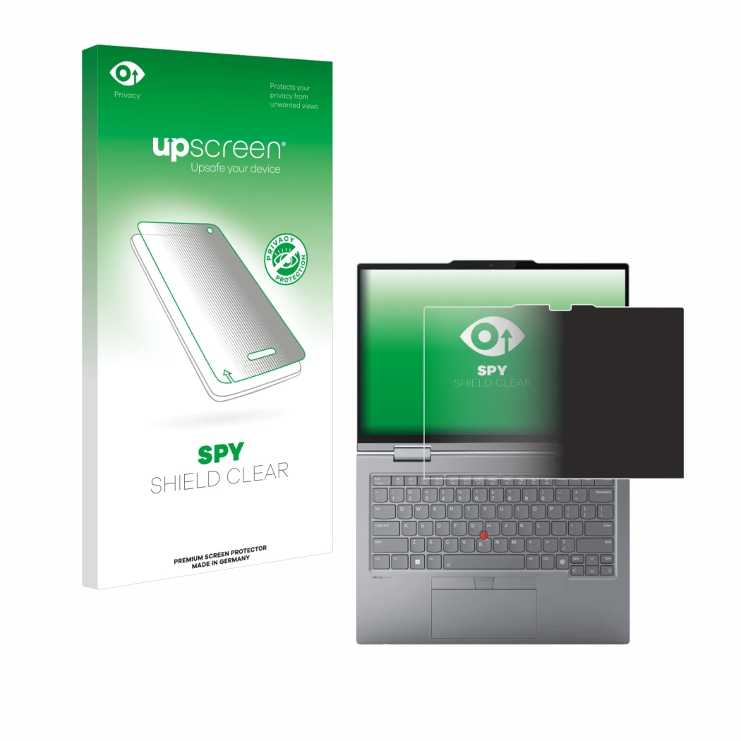 Parte frontal de un envase de producto con el logotipo de la marca upscreen. Al lado se muestra el dispositivo Lenovo ThinkPad