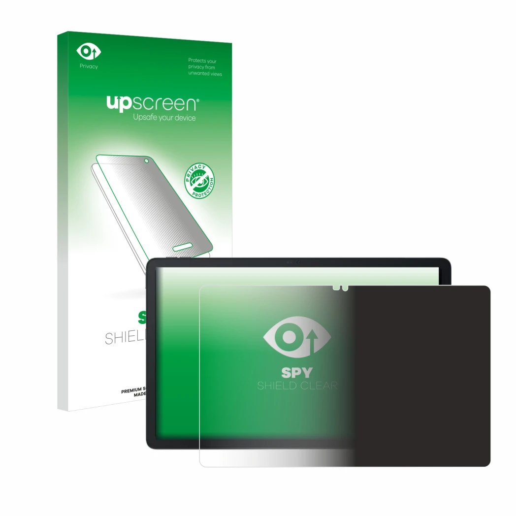 Parte frontal de un envase de producto con el logotipo de la marca upscreen. Al lado se muestra el dispositivo Blackview MEGA 