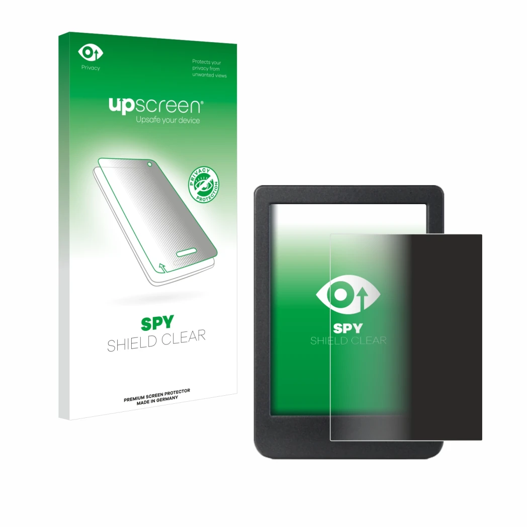 Parte frontal de un envase de producto con el logotipo de la marca upscreen. Al lado se muestra el dispositivo Kobo Clara BW c