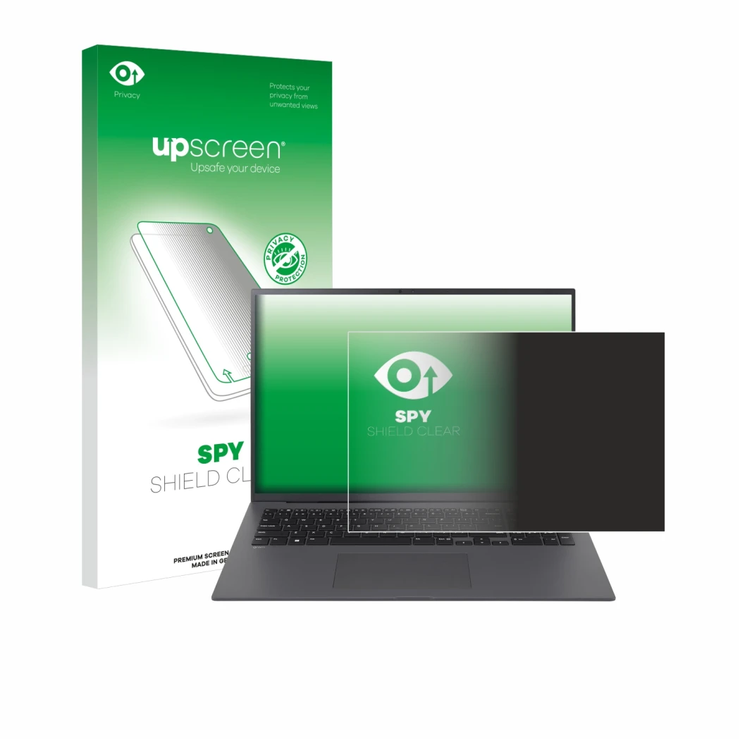 Parte frontal de un envase de producto con el logotipo de la marca upscreen. Al lado se muestra el dispositivo LG gram 17