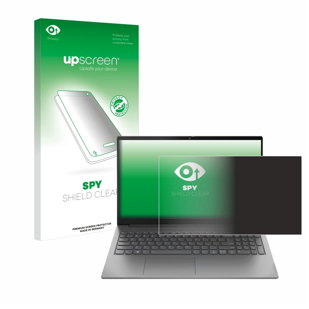 Parte frontal de un envase de producto con el logotipo de la marca upscreen. Al lado se muestra el dispositivo Lenovo ThinkBoo