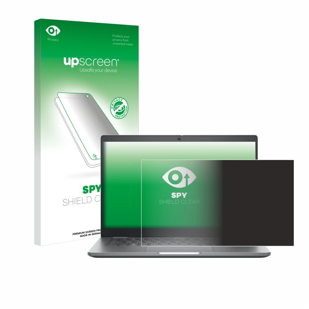 Parte frontal de un envase de producto con el logotipo de la marca upscreen. Al lado se muestra el dispositivo Dell Latitude 5