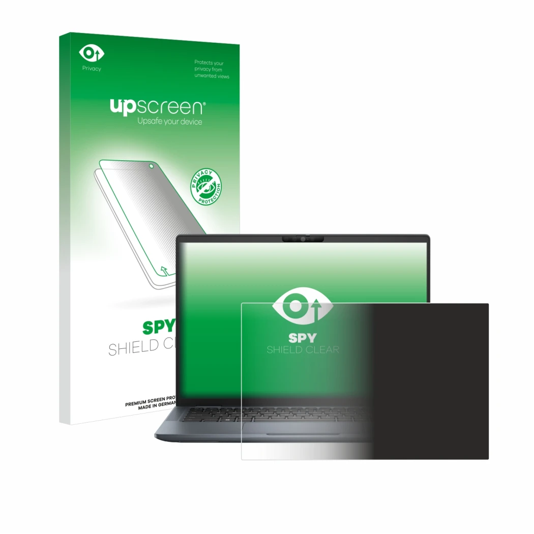 Parte frontal de un envase de producto con el logotipo de la marca upscreen. Al lado se muestra el dispositivo Dell Latitude 7