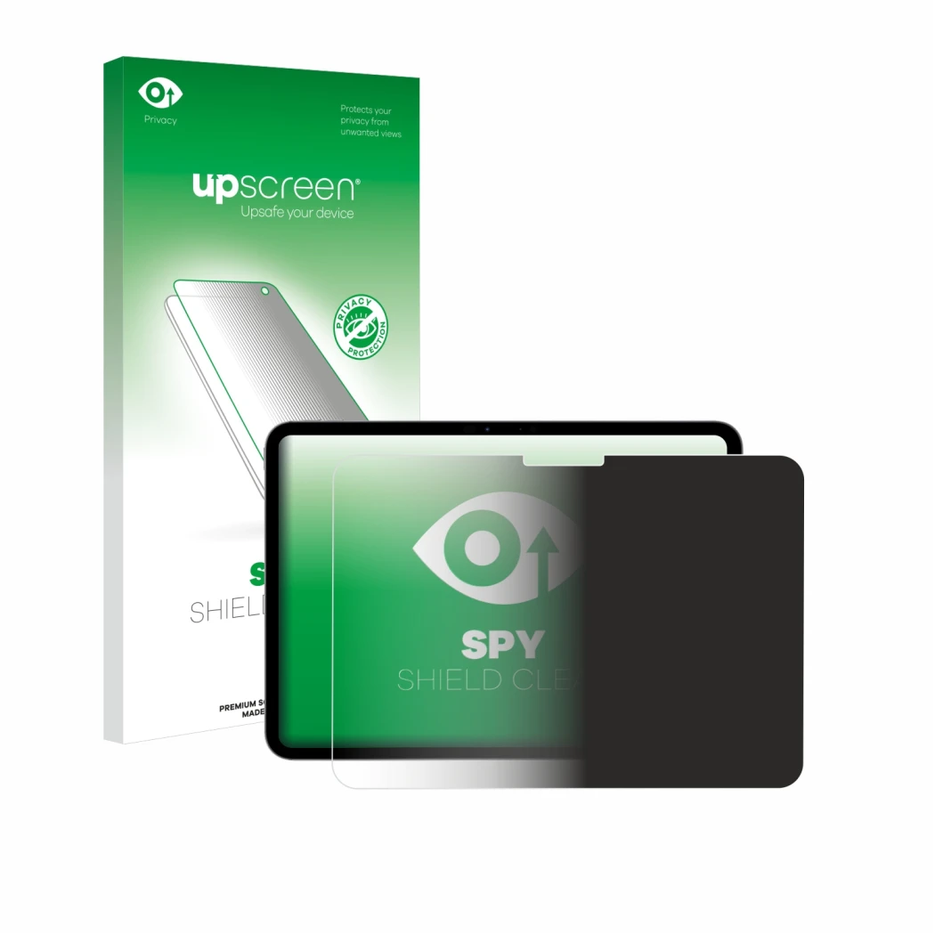 Parte frontal de un envase de producto con el logotipo de la marca upscreen. Al lado se muestra el dispositivo Apple iPad Pro 