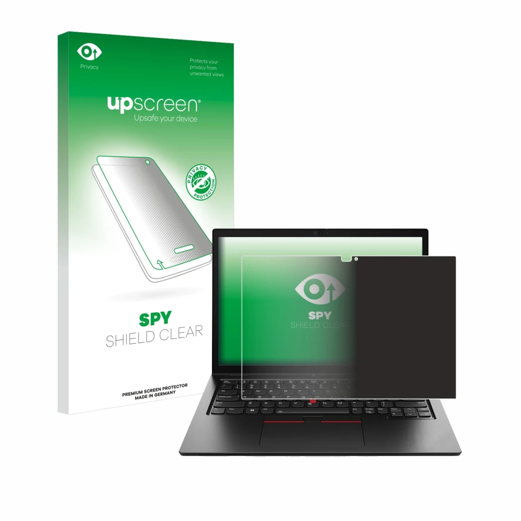 Parte frontal de un envase de producto con el logotipo de la marca upscreen. Al lado se muestra el dispositivo Lenovo ThinkPad