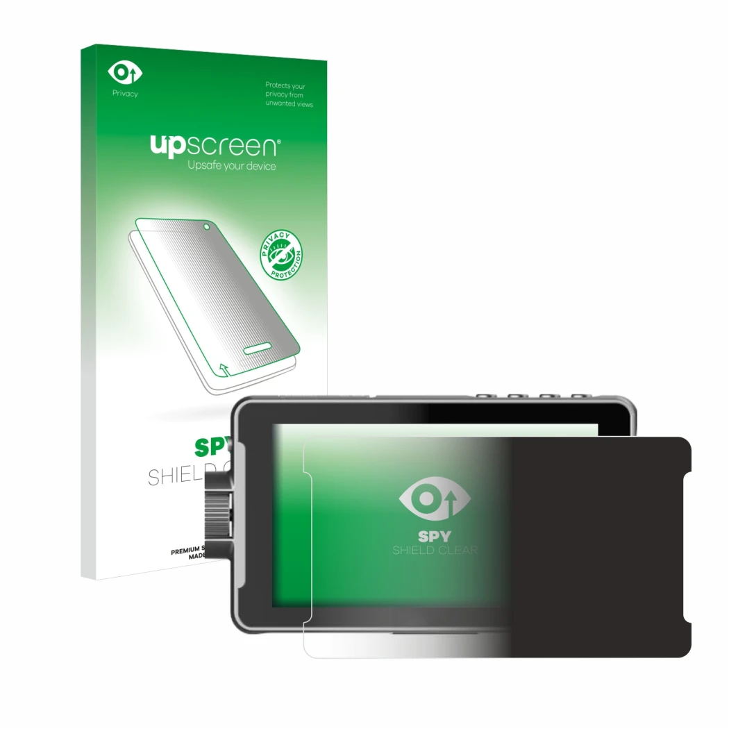 Parte frontal de un envase de producto con el logotipo de la marca upscreen. Al lado se muestra el dispositivo Viltrox DC-550 