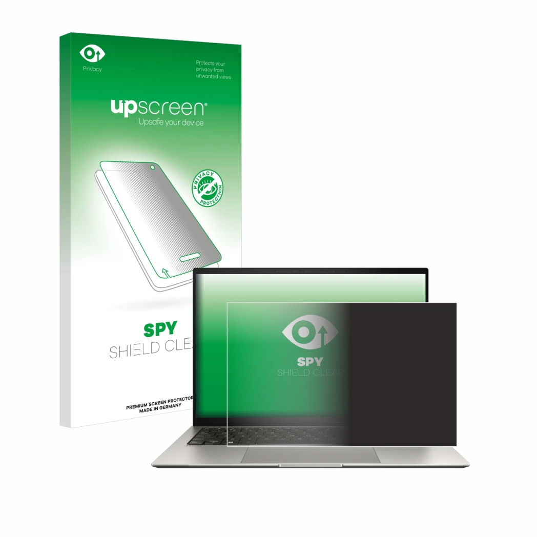 Parte frontal de un envase de producto con el logotipo de la marca upscreen. Al lado se muestra el dispositivo ASUS ZenBook S 