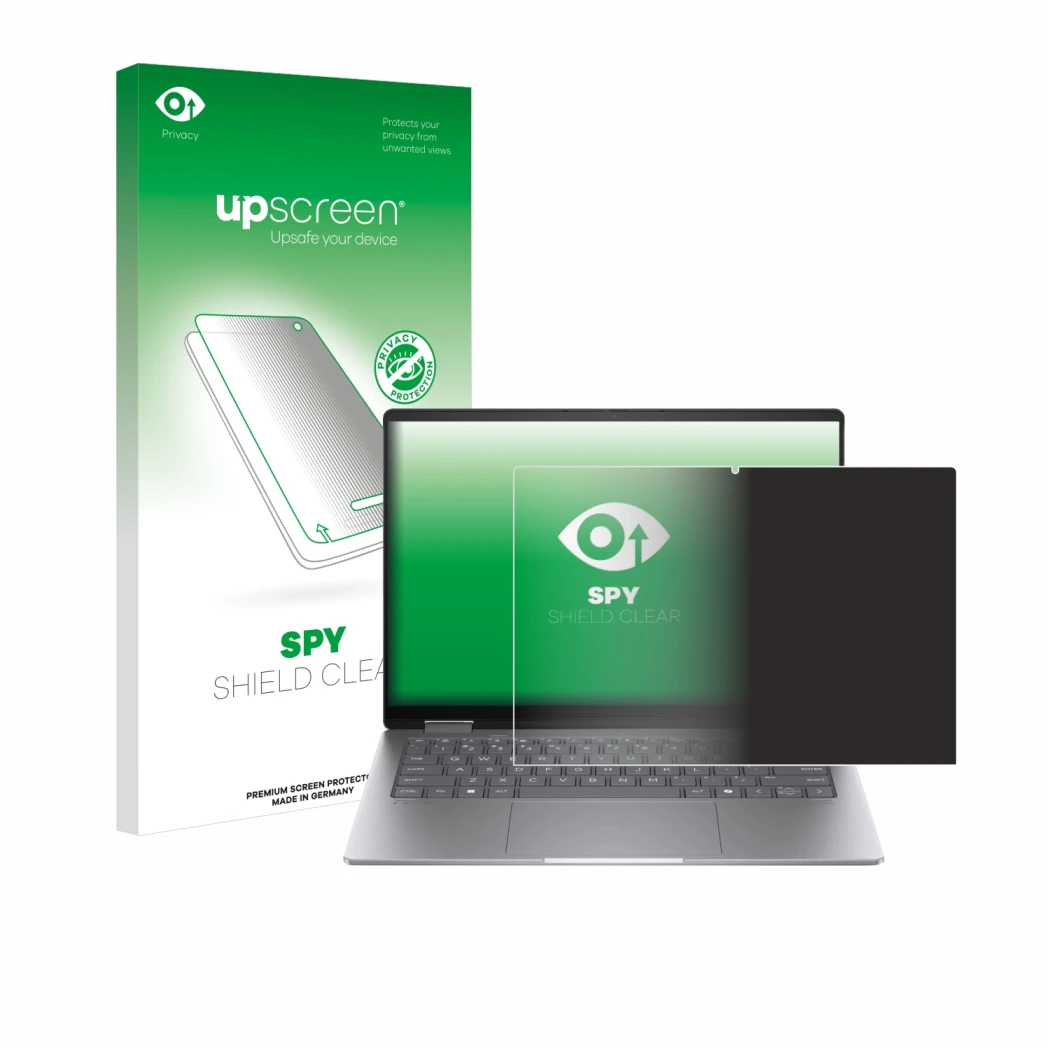 Parte frontal de un envase de producto con el logotipo de la marca upscreen. Al lado se muestra el dispositivo HP Envy x360 14