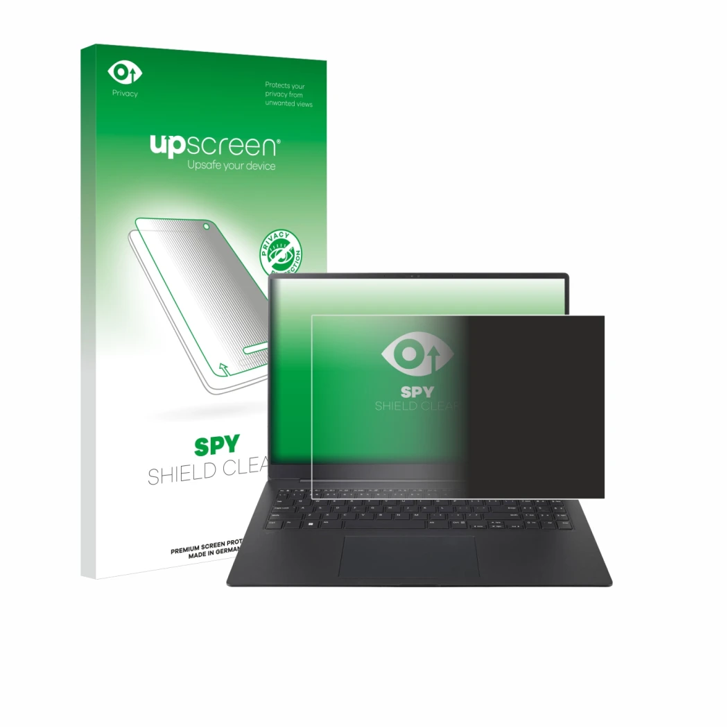 Parte frontal de un envase de producto con el logotipo de la marca upscreen. Al lado se muestra el dispositivo LG gram Pro 16