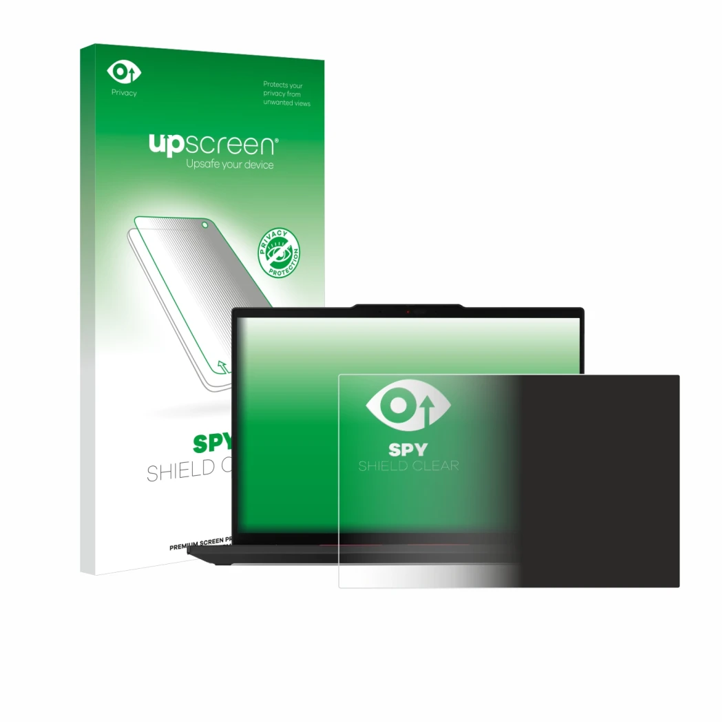 Parte frontal de un envase de producto con el logotipo de la marca upscreen. Al lado se muestra el dispositivo Lenovo ThinkPad