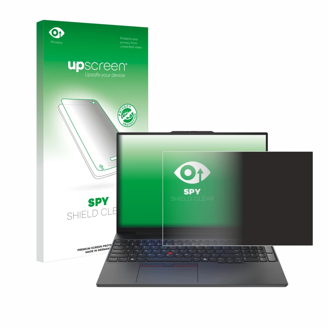 Parte frontal de un envase de producto con el logotipo de la marca upscreen. Al lado se muestra el dispositivo Lenovo ThinkPad