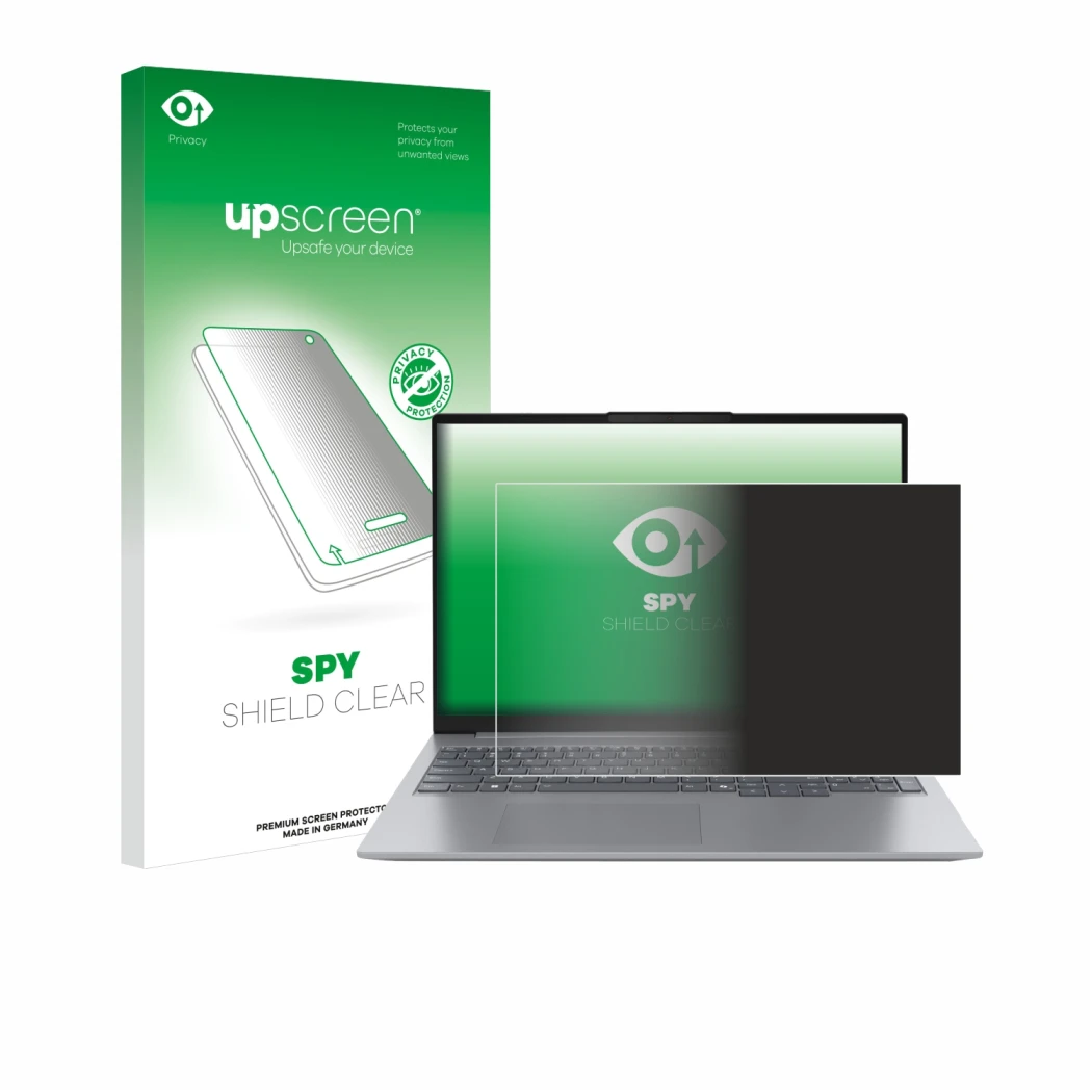 Parte frontal de un envase de producto con el logotipo de la marca upscreen. Al lado se muestra el dispositivo Lenovo ThinkBoo