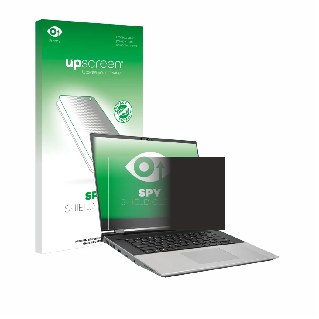 Parte frontal de un envase de producto con el logotipo de la marca upscreen. Al lado se muestra el dispositivo Framework Lapto