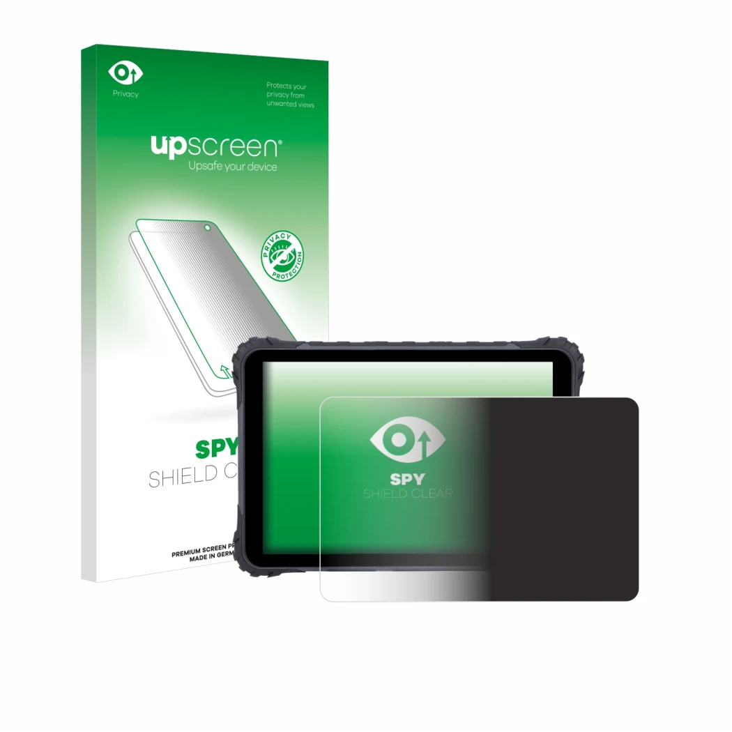Parte frontal de un envase de producto con el logotipo de la marca upscreen. Al lado se muestra el dispositivo Topicon MDT865 