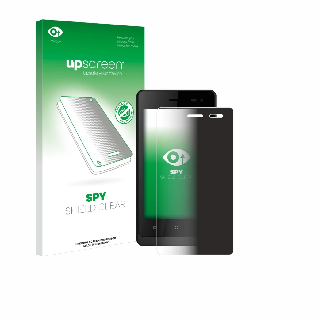 Parte frontal de un envase de producto con el logotipo de la marca upscreen. Al lado se muestra el dispositivo Logicom Wave 2
