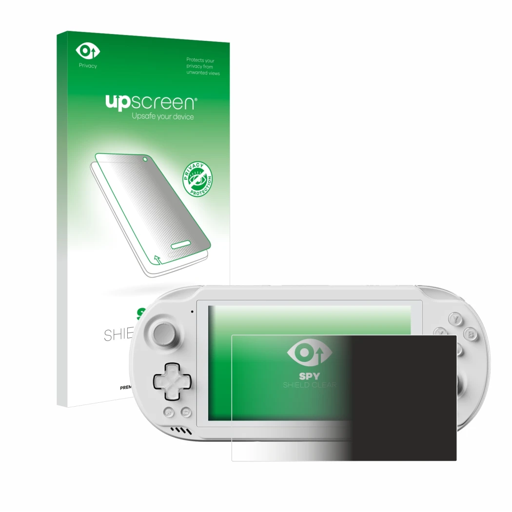 Parte frontal de un envase de producto con el logotipo de la marca upscreen. Al lado se muestra el dispositivo AYN Odin 2 Mini