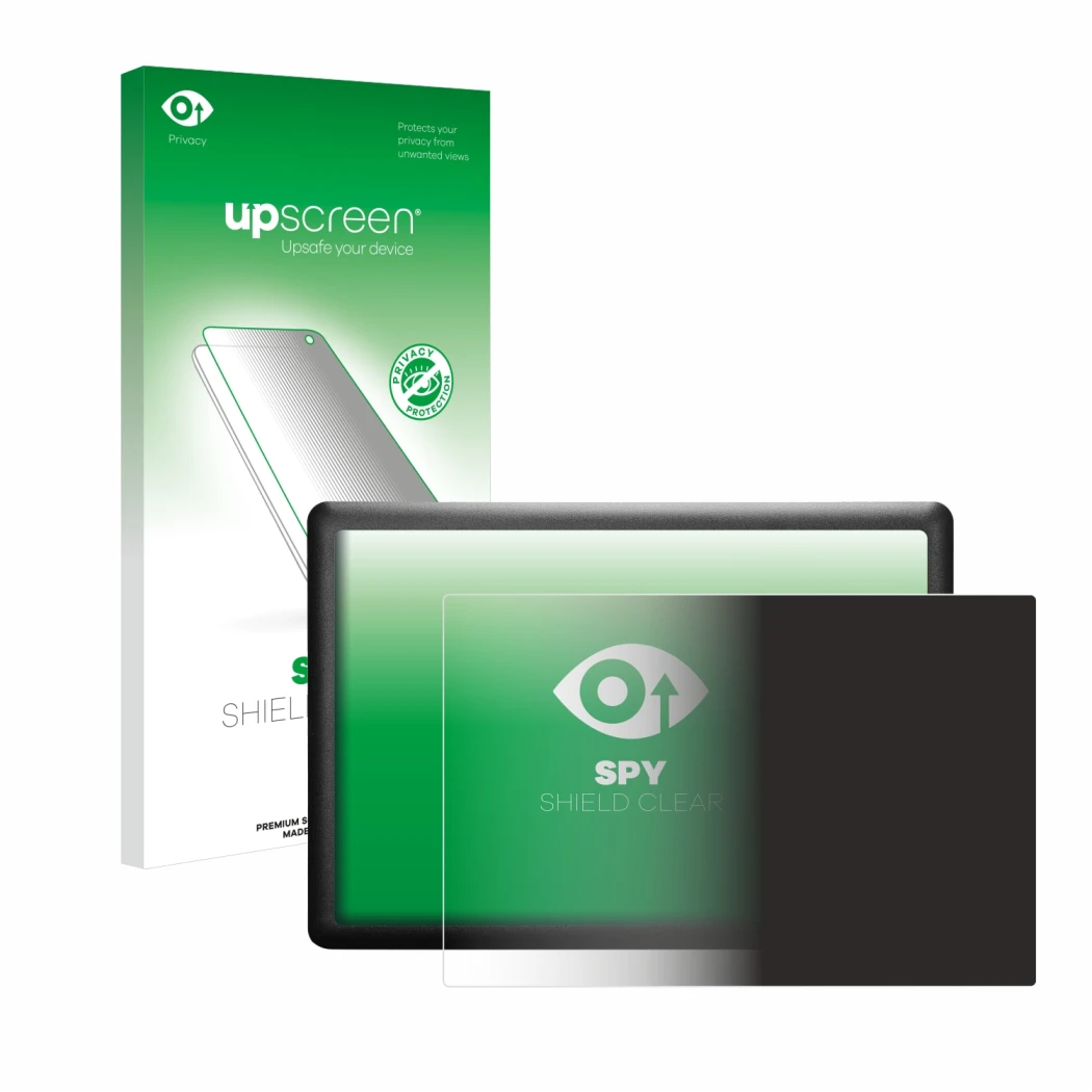 Parte frontal de un envase de producto con el logotipo de la marca upscreen. Al lado se muestra el dispositivo Wacom One S CTL