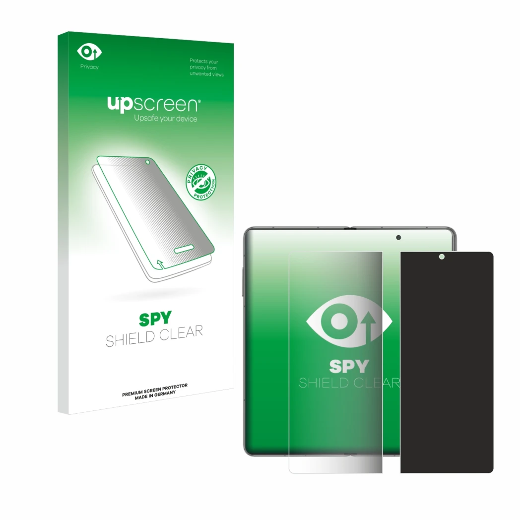 Parte frontal de un envase de producto con el logotipo de la marca upscreen. Al lado se muestra el dispositivo Honor Magic V3