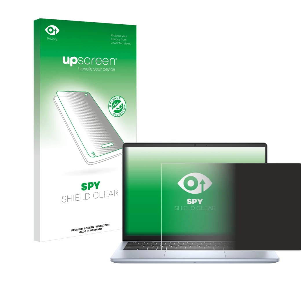 Parte frontal de un envase de producto con el logotipo de la marca upscreen. Al lado se muestra el dispositivo Dell Inspiron 1