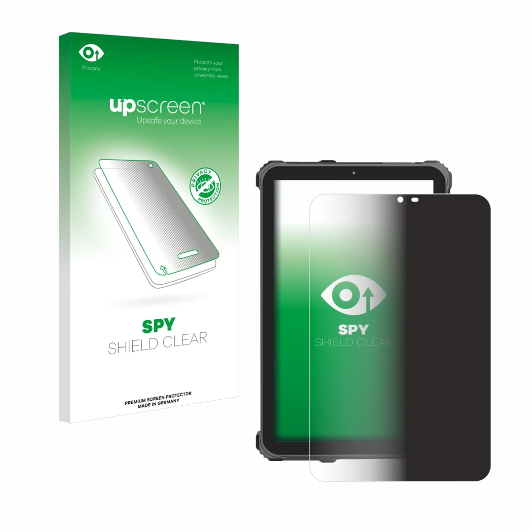 Parte frontal de un envase de producto con el logotipo de la marca upscreen. Al lado se muestra el dispositivo Oukitel RT3 Pro