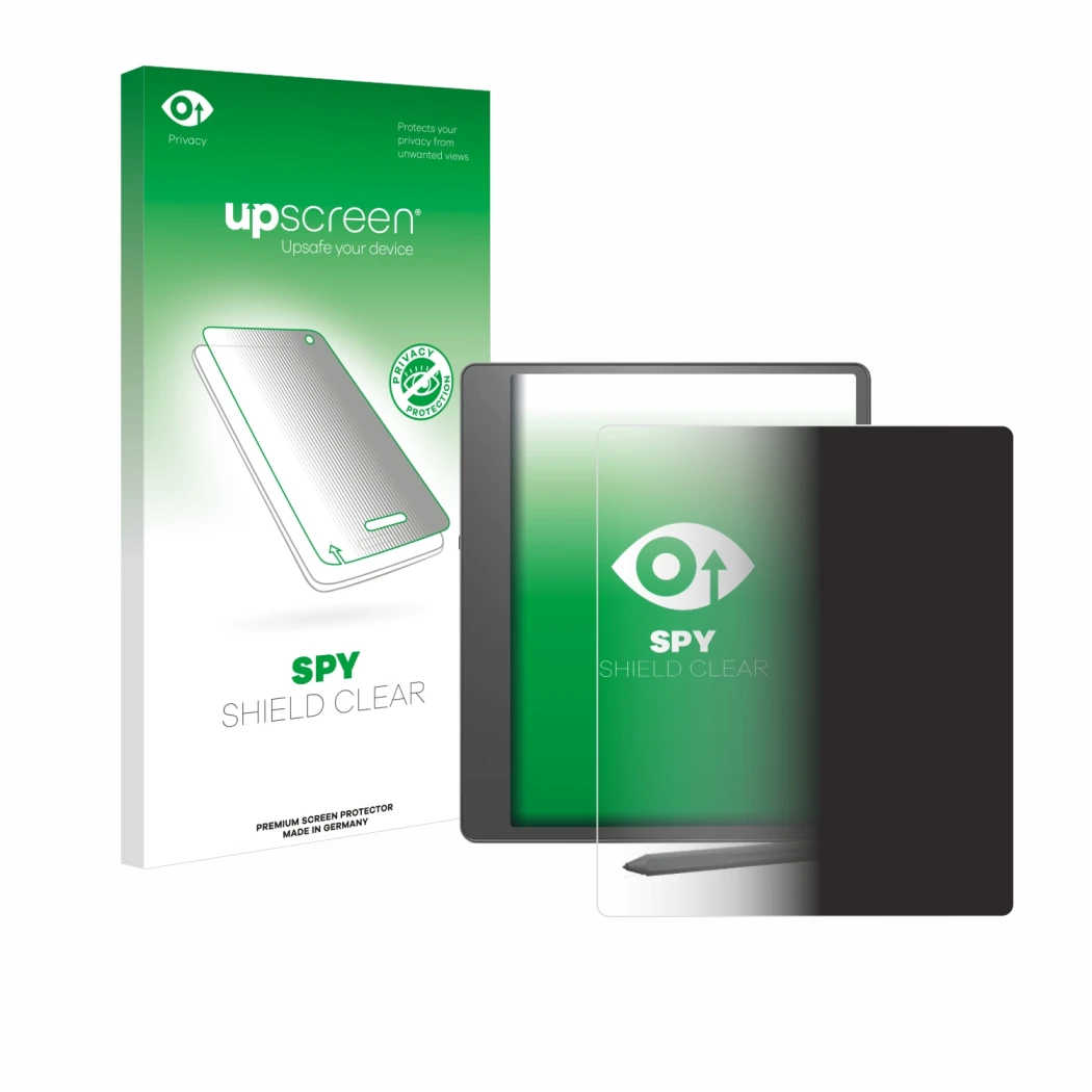 Parte frontal de un envase de producto con el logotipo de la marca upscreen. Al lado se muestra el dispositivo Amazon Kindle S