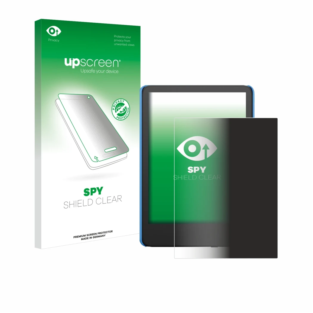 Parte frontal de un envase de producto con el logotipo de la marca upscreen. Al lado se muestra el dispositivo Amazon Kindle K