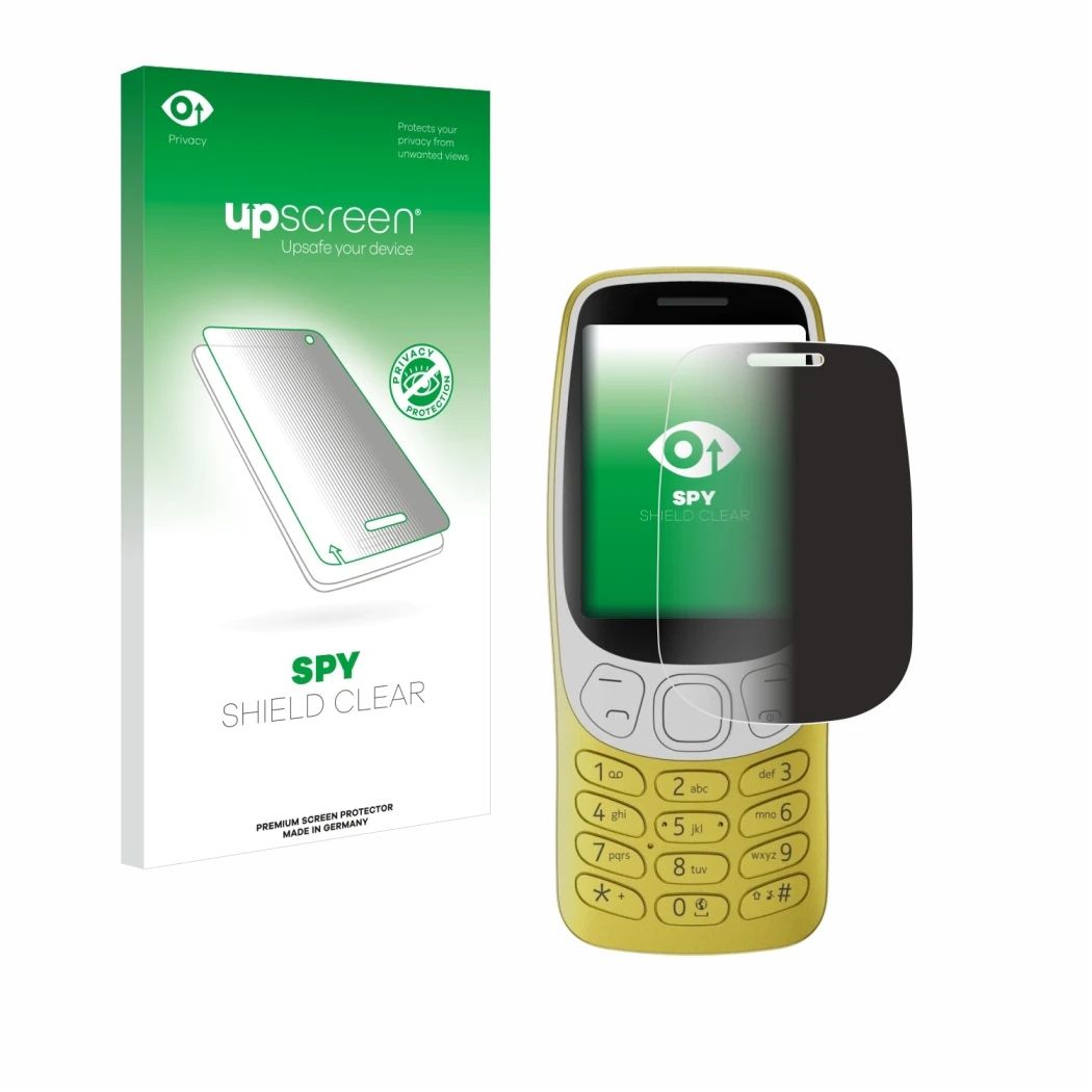 Parte frontal de un envase de producto con el logotipo de la marca upscreen. Al lado se muestra el dispositivo Nokia 3210 con