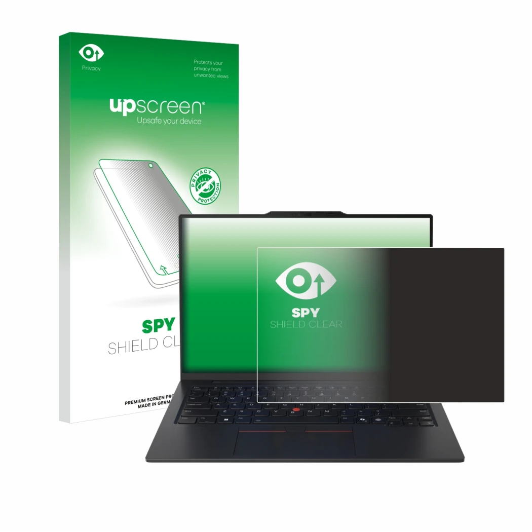 Parte frontal de un envase de producto con el logotipo de la marca upscreen. Al lado se muestra el dispositivo Lenovo ThinkPad