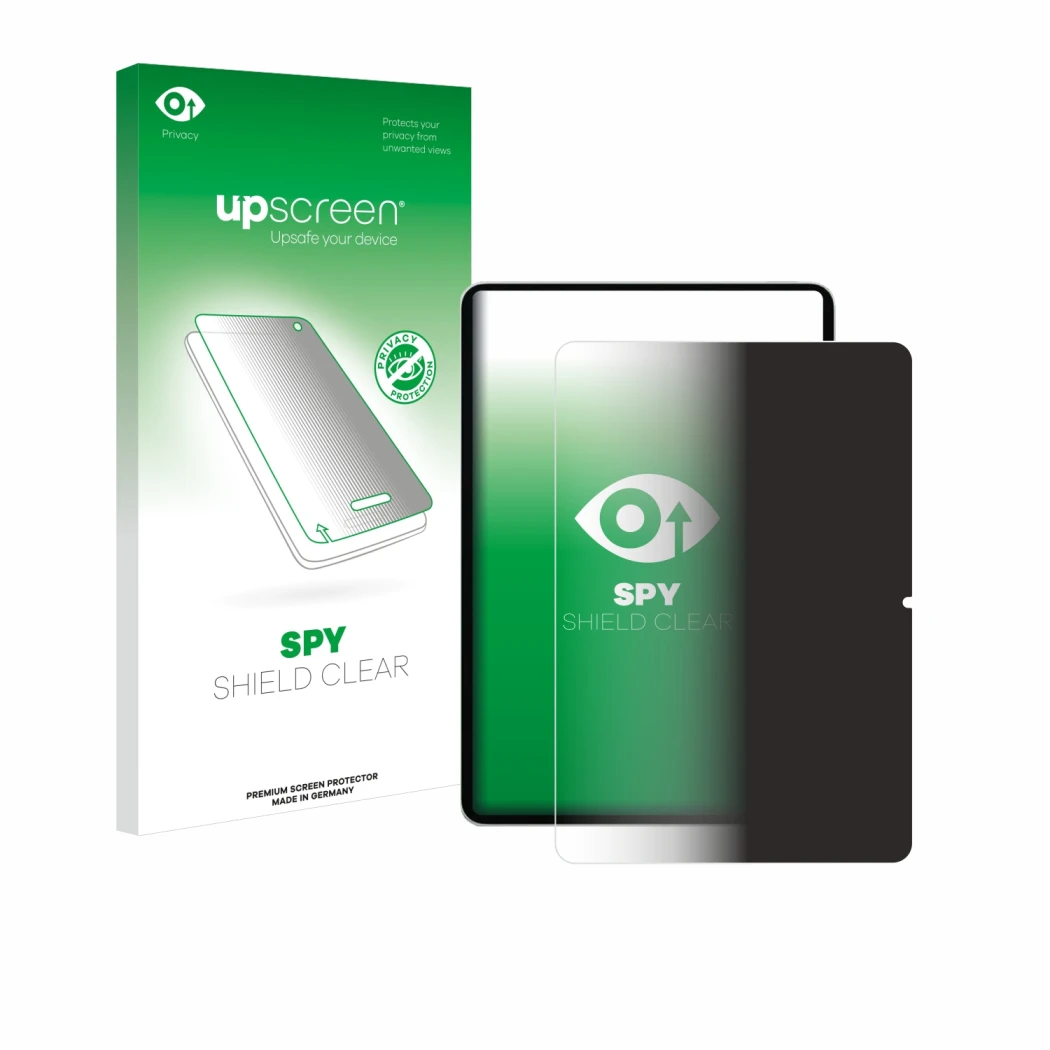 Parte frontal de un envase de producto con el logotipo de la marca upscreen. Al lado se muestra el dispositivo Xiaomi Pad 7 co