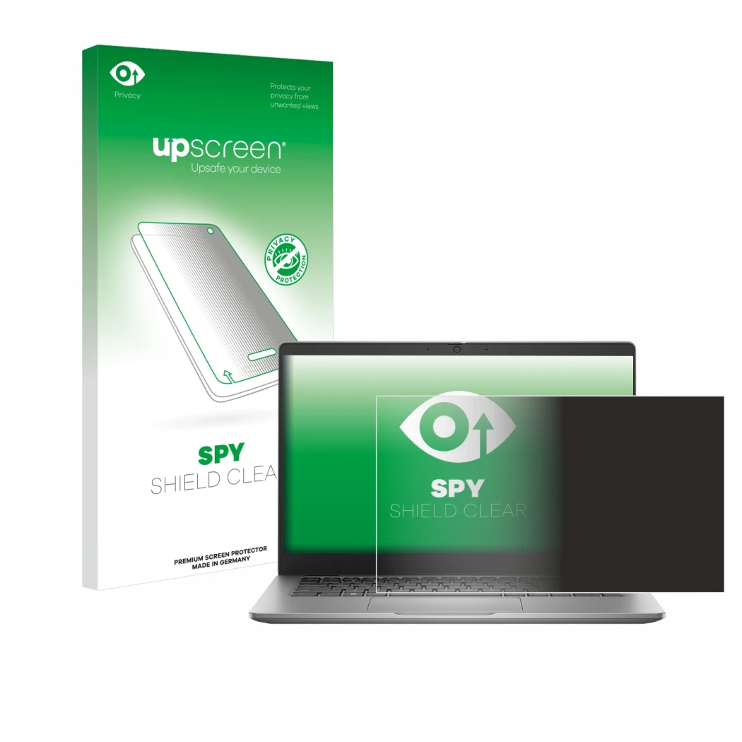 Parte frontal de un envase de producto con el logotipo de la marca upscreen. Al lado se muestra el dispositivo Dell Latitude 3