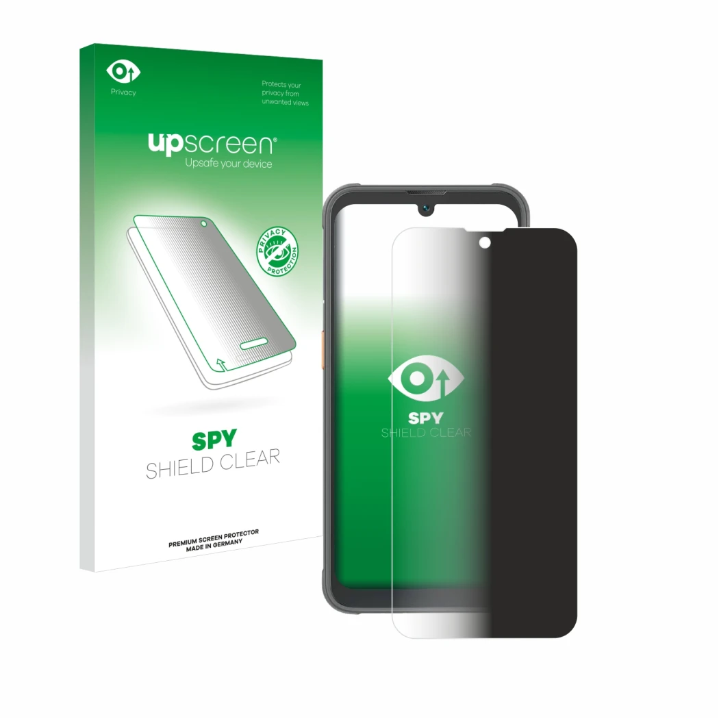 Parte frontal de un envase de producto con el logotipo de la marca upscreen. Al lado se muestra el dispositivo Blackview BV520