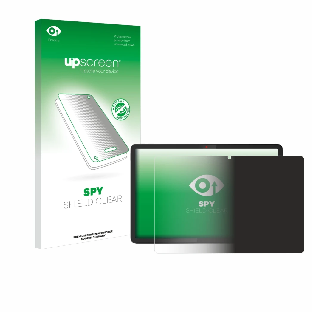 Parte frontal de un envase de producto con el logotipo de la marca upscreen. Al lado se muestra el dispositivo Lenovo Chromebo