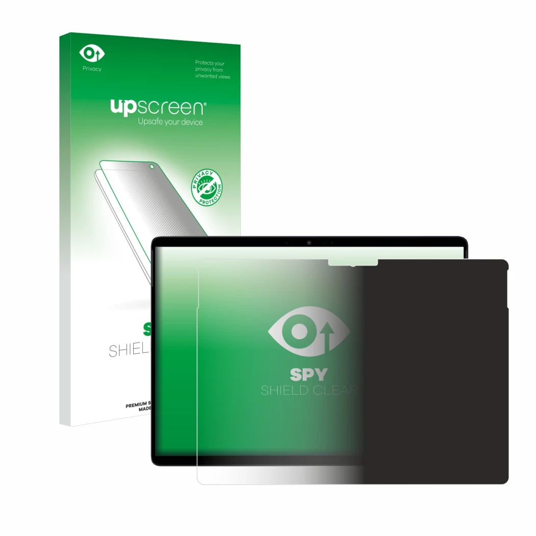 Parte frontal de un envase de producto con el logotipo de la marca upscreen. Al lado se muestra el dispositivo Chuwi Hi10 Max 
