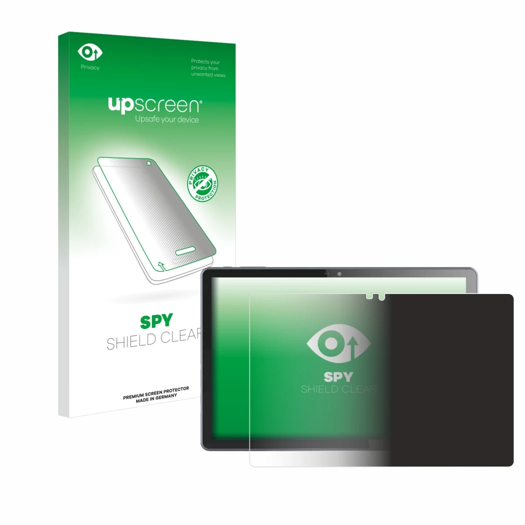Parte frontal de un envase de producto con el logotipo de la marca upscreen. Al lado se muestra el dispositivo VALE V10E-LTE c