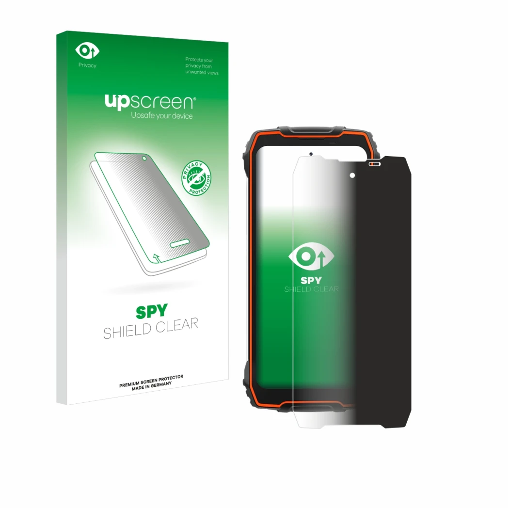 Parte frontal de un envase de producto con el logotipo de la marca upscreen. Al lado se muestra el dispositivo Blackview Oscal