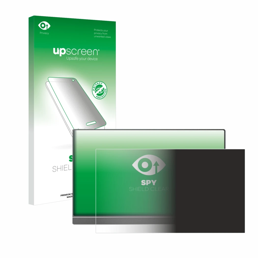 Parte frontal de un envase de producto con el logotipo de la marca upscreen. Al lado se muestra el dispositivo Arzopa Z1FC 16.
