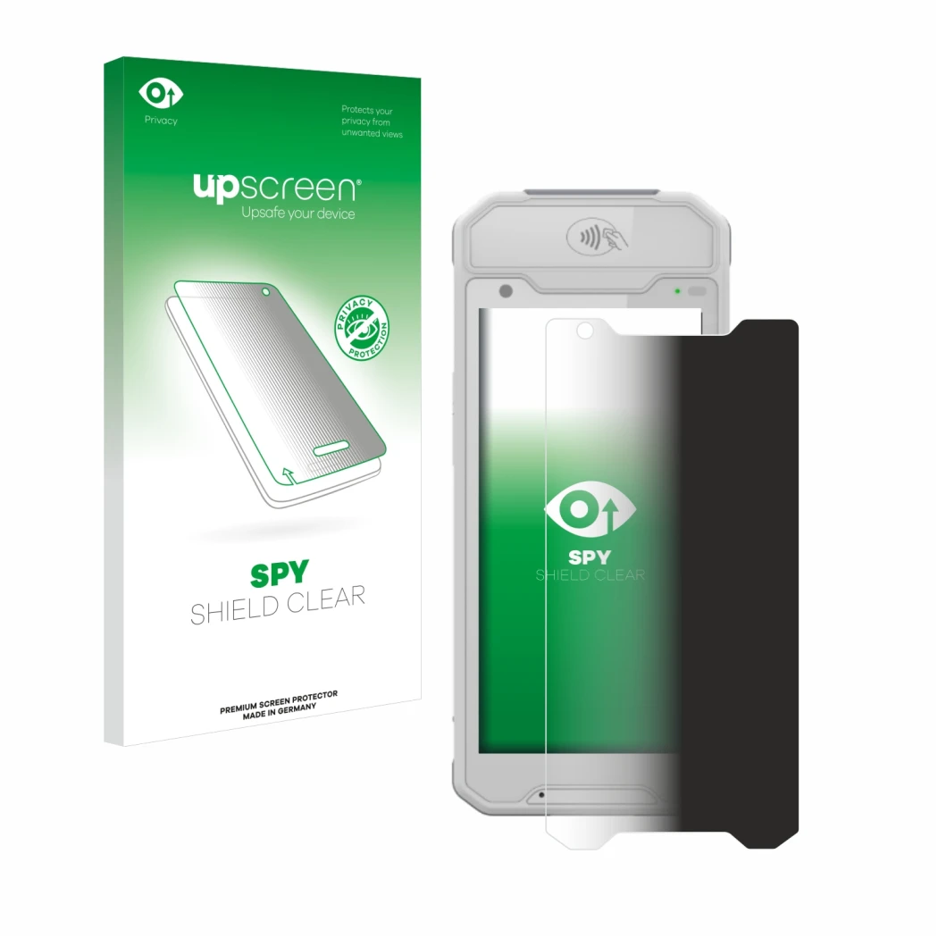 Parte frontal de un envase de producto con el logotipo de la marca upscreen. Al lado se muestra el dispositivo Dojo Pocket con