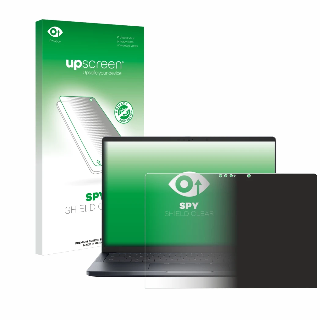 Parte frontal de un envase de producto con el logotipo de la marca upscreen. Al lado se muestra el dispositivo Dell Pro 14 Pre