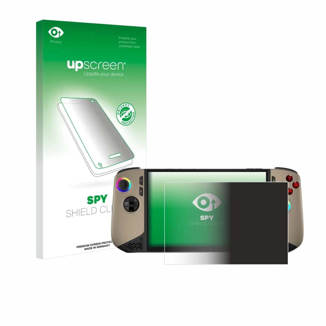 Parte frontal de un envase de producto con el logotipo de la marca upscreen. Al lado se muestra el dispositivo MSI Claw 8 AI+ 